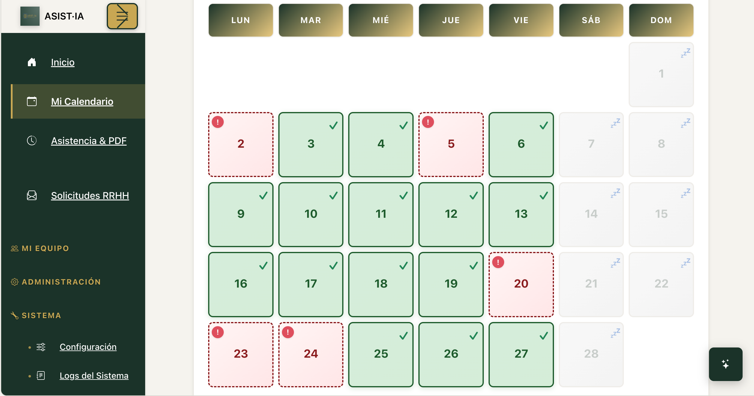 Vista del módulo de control horario de ASIST·IA