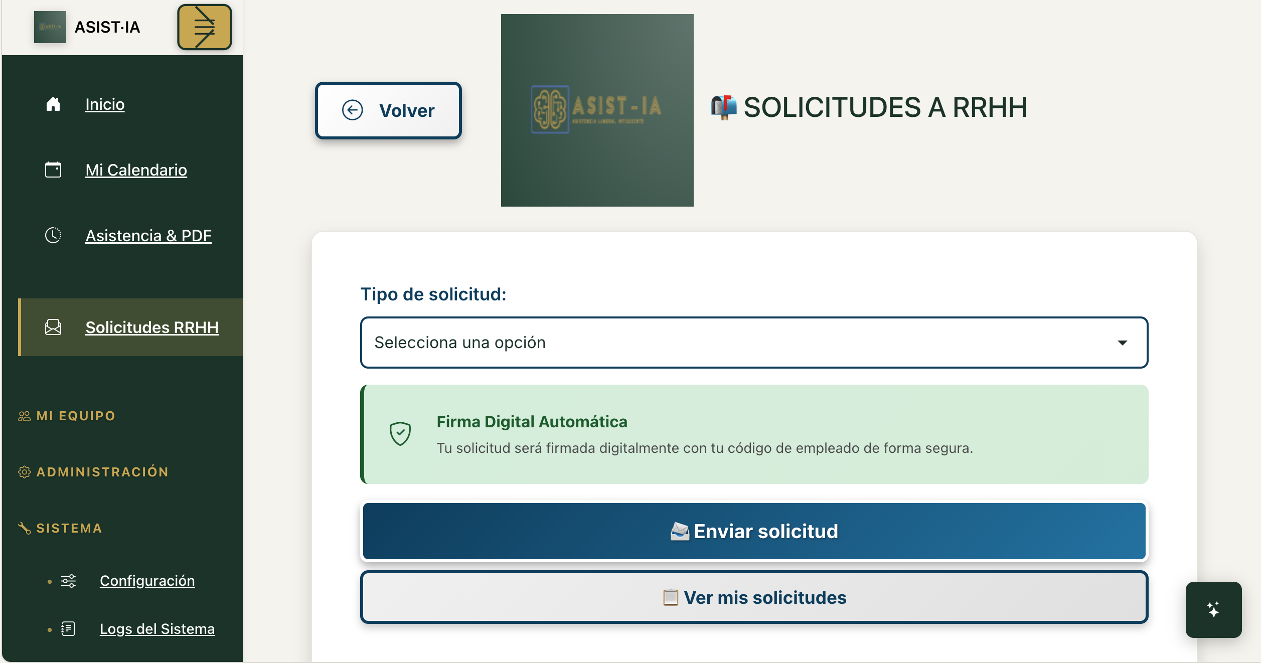 Vista del módulo de solicitudes de ASIST·IA